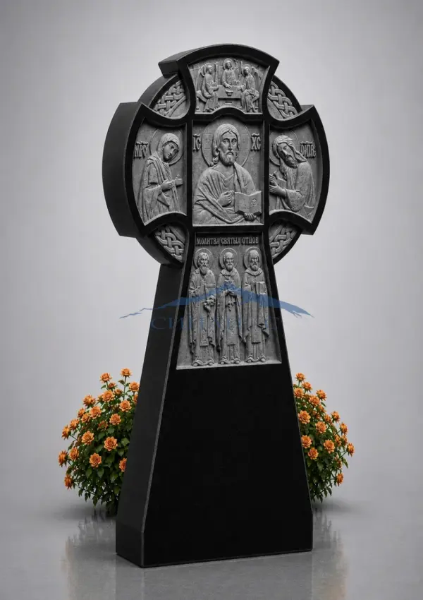 Гранитный памятник "Православный крест с резьбой"
