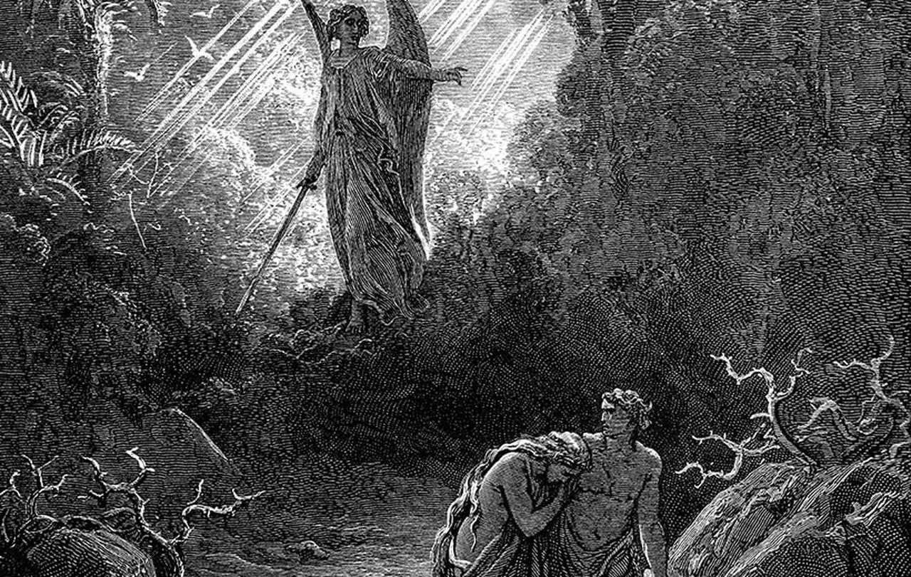Гравюра Гюстава Доре Изгнание Адама из рая. Посередине ангел с мечом в правой руке, левой прогоняет прочь Адама и Еву