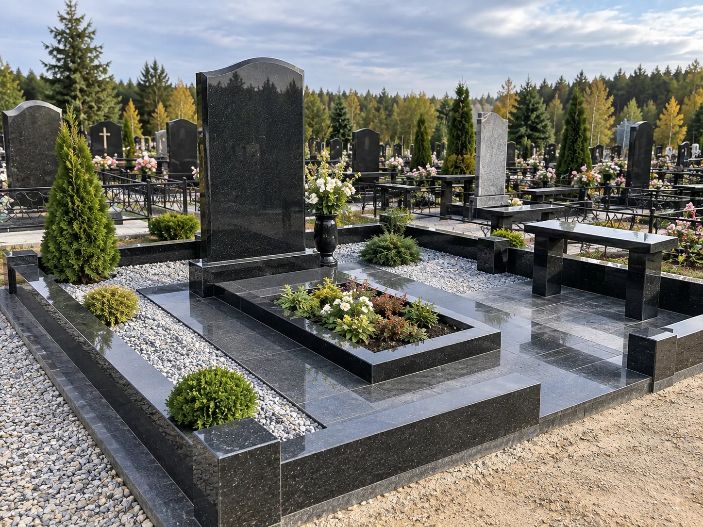Установленный памятник из гранита на благоустроенном участке