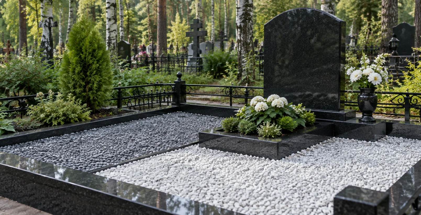 Благоустройство могилы мраморной и гранитной крошкой