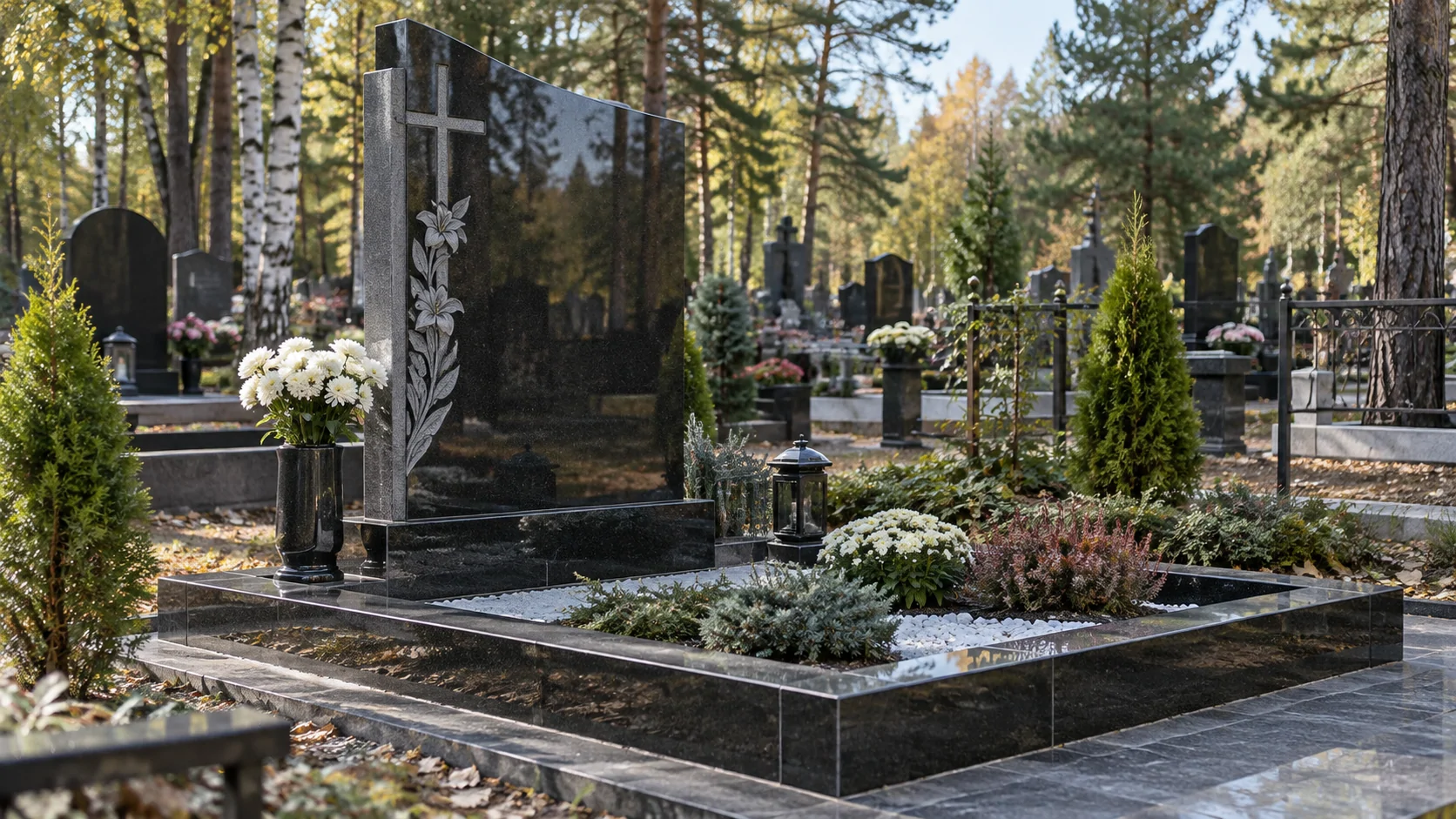 Современный гранитный памятник по индивидуальному проекту с лаконичным благоустройством