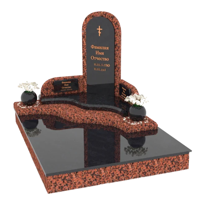 Премиум надгробие из черного гранита, с гранитным крестом, слева фигура скорбящей женщины. Участок засыпан белой мраморной крошкой, простая металлическая ограда, лавка, надгробная плита с гравировкой